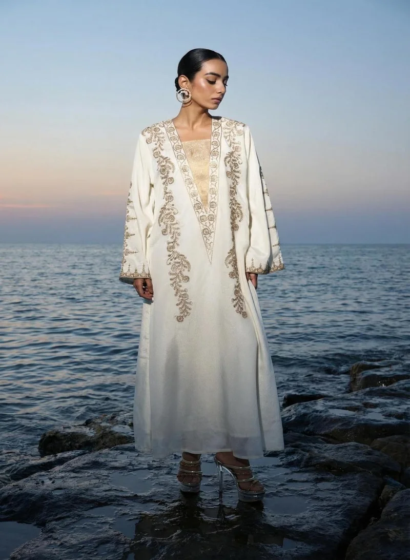 Ishin  Cream Floral Zari Embroidered Brocade Abaya for Women | Best Price UAE